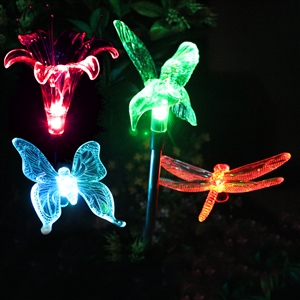 Solar Critters Color-Changing Garden Stake Light Set of Four (4) - Hummingbird, Lily Flower, Dragonfly, & Butterfly